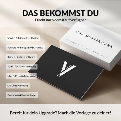 Lieferumfang der Visitenkarten Vorlage mit Vorder- und Rückseite, Icons, QR-Code-Anleitung und Drucktipps für Canva, Louvion.de