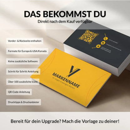 Lieferumfang der Visitenkarten Vorlage mit Vorder- und Rückseite, QR-Code-Anleitung, Icons und Drucktipps für Canva – Louvion.de