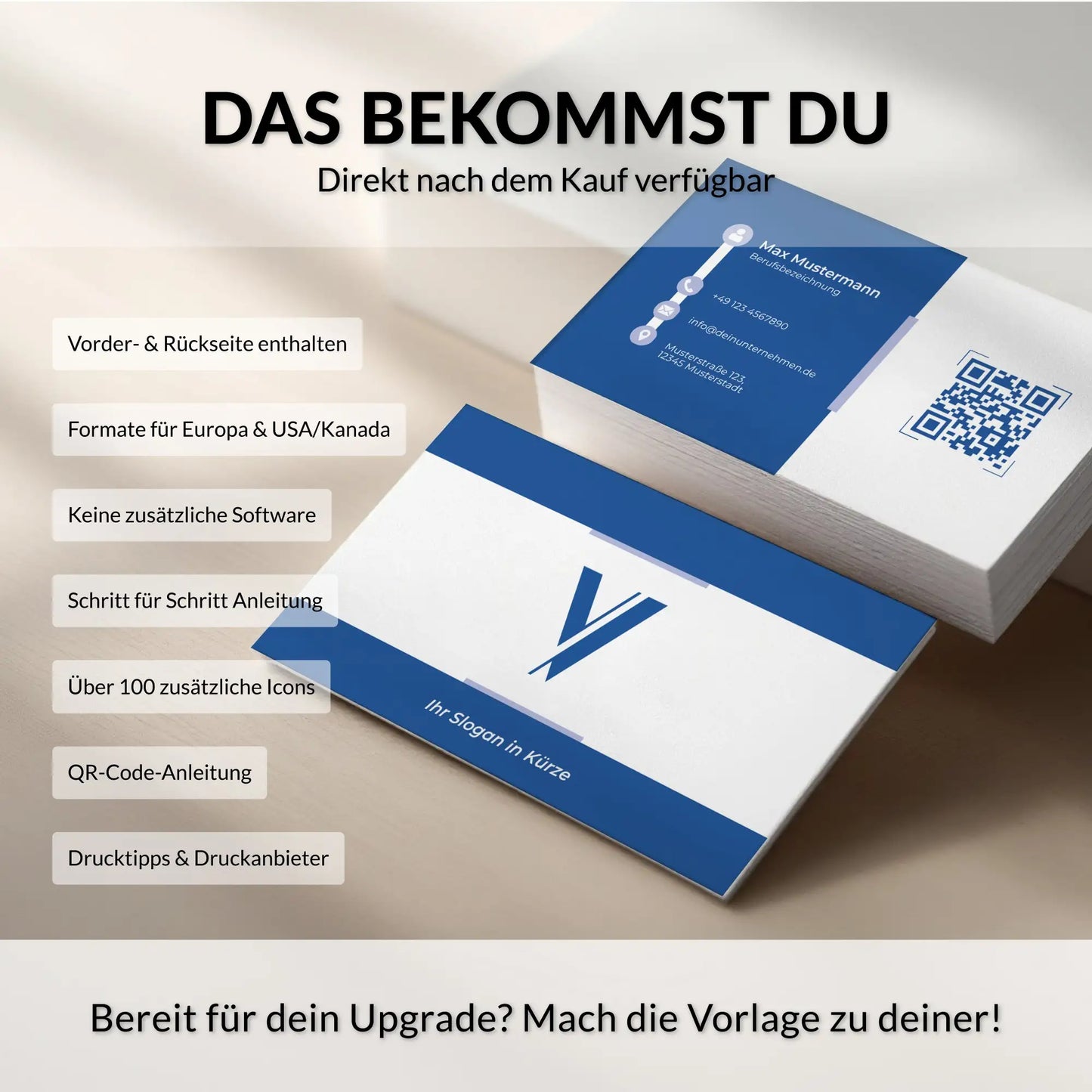 Lieferumfang der Visitenkarten Vorlage mit Vorder- und Rückseite, QR-Code, Anleitung, Icons und Drucktipps für Canva, Louvion.de