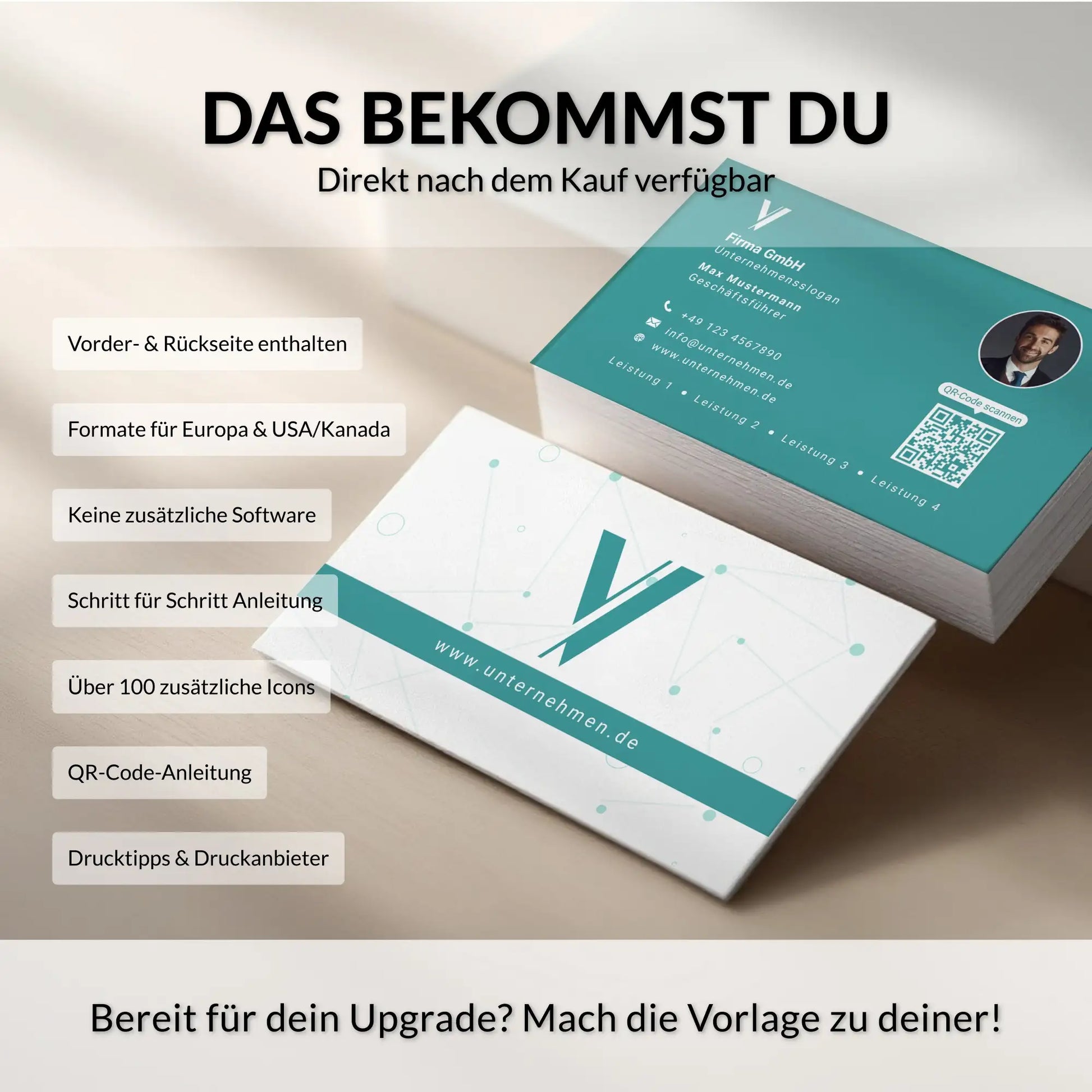 Lieferumfang der Visitenkarten Vorlage mit Vorder- und Rückseite, QR-Code, Icons und Drucktipps – Louvion.de