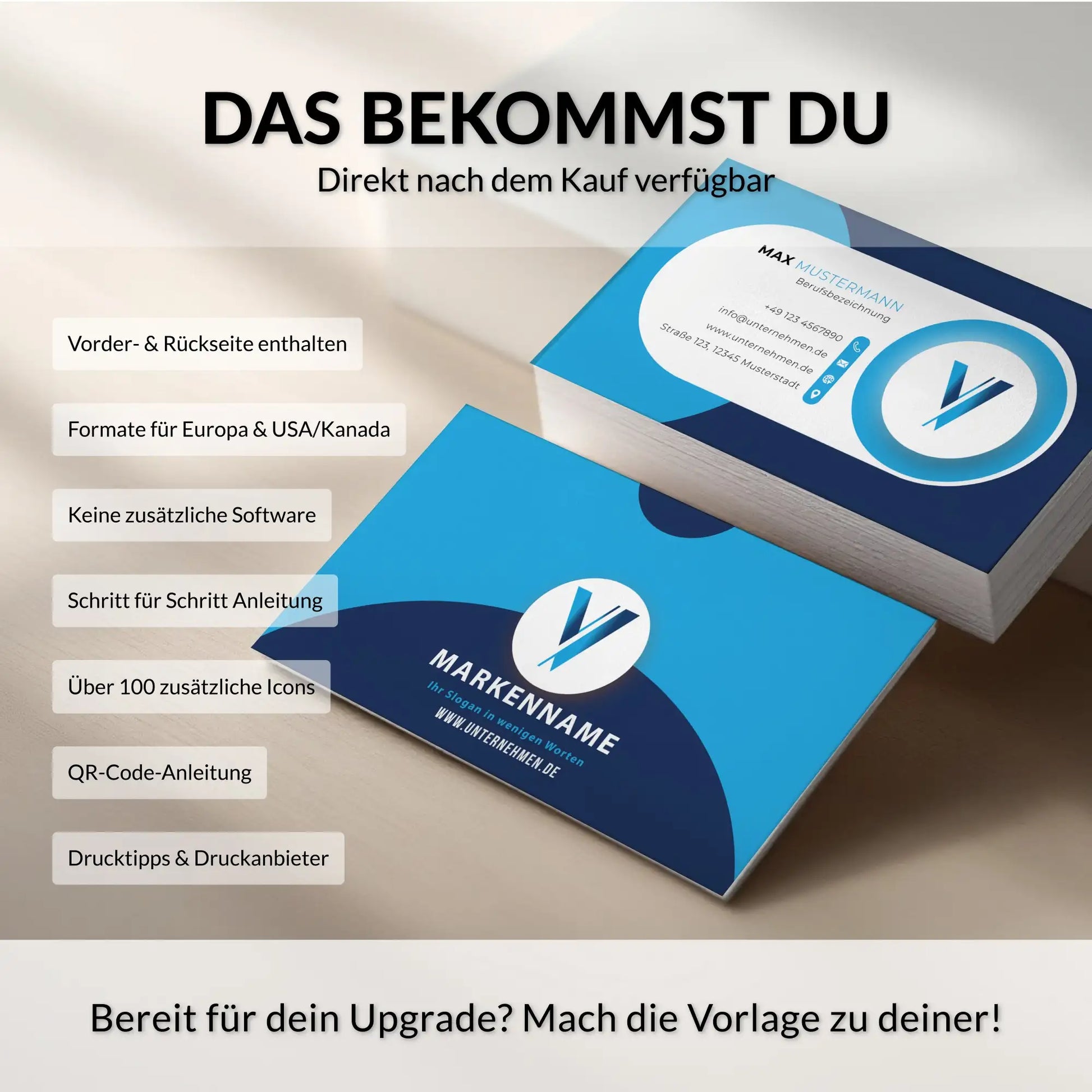 Lieferumfang der blauen Visitenkarten Vorlage für Canva mit Vorder- und Rückseite, Europa- und USA/Kanada-Formaten, QR-Code-Anleitung sowie über 100 Icons – Louvion.de