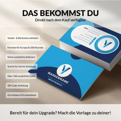 Lieferumfang der blauen Visitenkarten Vorlage für Canva mit Vorder- und Rückseite, Europa- und USA/Kanada-Formaten, QR-Code-Anleitung sowie über 100 Icons – Louvion.de