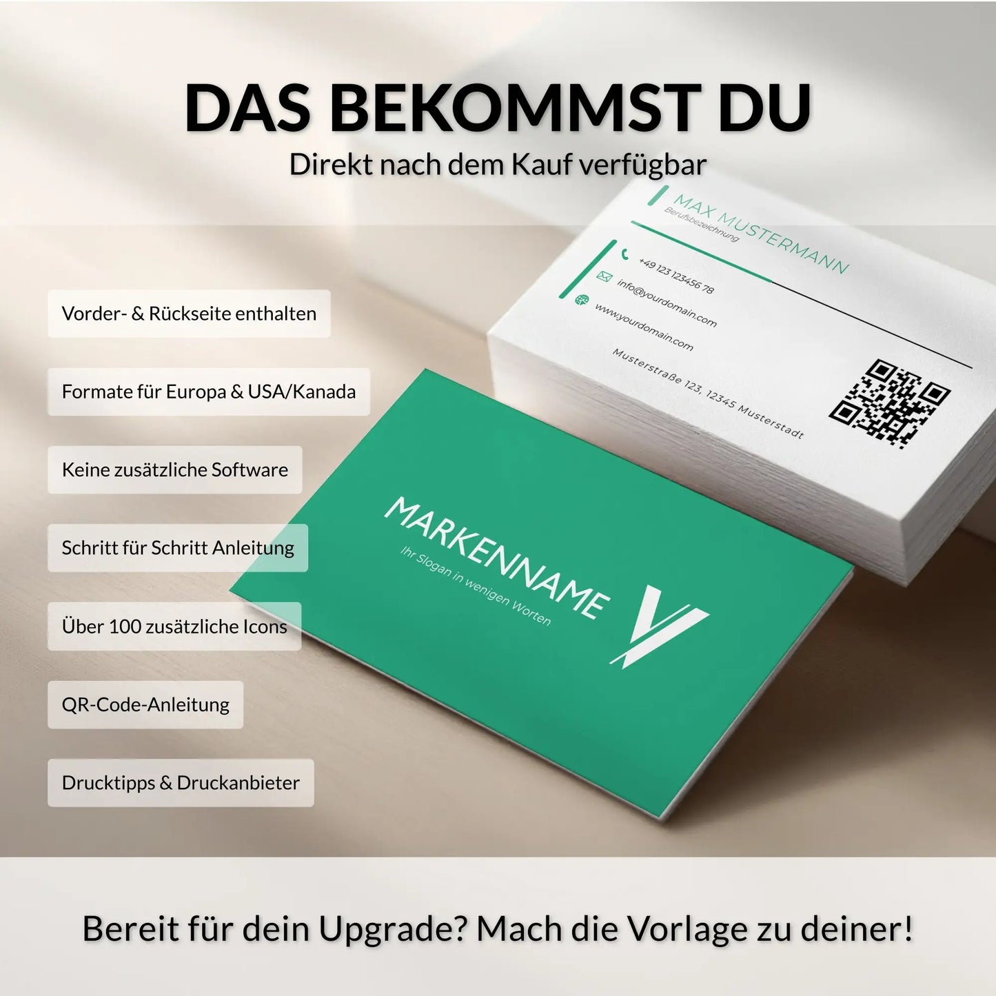 Lieferumfang der personalisierbaren Visitenkarten Vorlage für Canva mit Vorder- und Rückseite, 2 Formaten für Europa und USA/Kanada, QR-Code-Anleitung sowie Drucktipps – Louvion.de