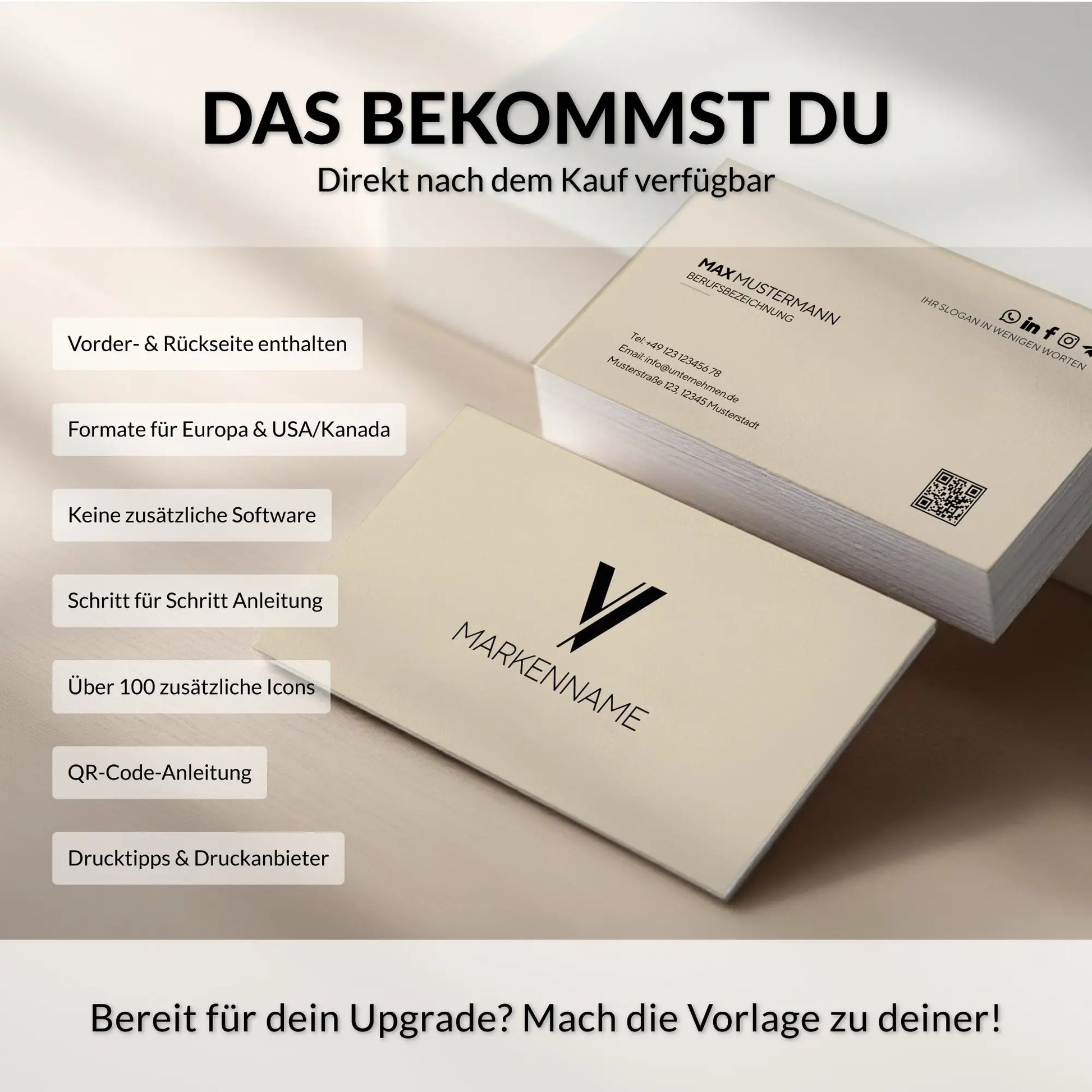 Lieferumfang der personalisierbaren Visitenkarten Vorlage in Beige für Canva mit Vorder- und Rückseite, QR-Code, Drucktipps sowie Formaten für Europa und USA/Kanada – Louvion.de