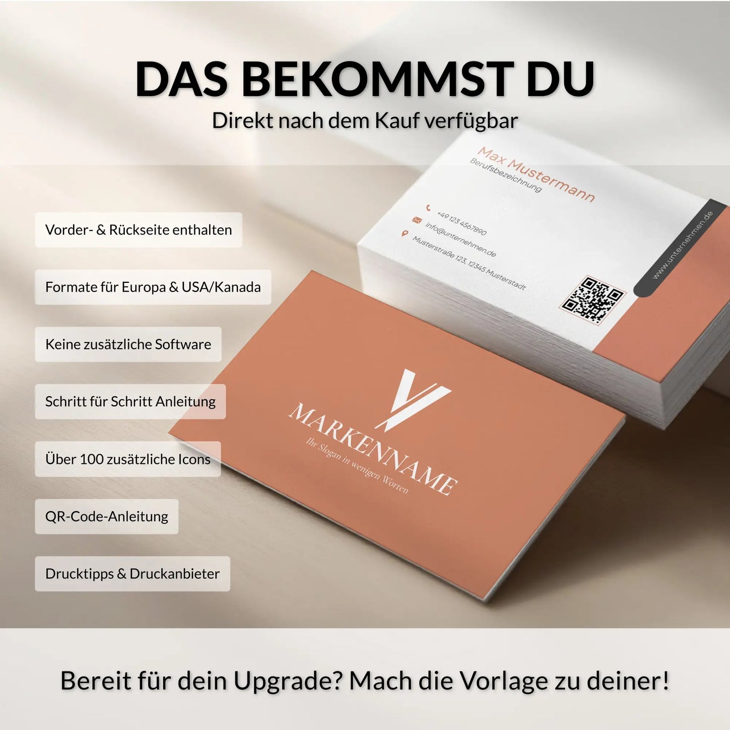 Lieferumfang der personalisierbaren Visitenkarten Vorlage in Terrakotta mit Vorder- und Rückseite, QR-Code, Drucktipps sowie Formaten für Europa und USA/Kanada – Canva – Louvion.de
