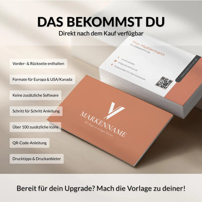 Lieferumfang der personalisierbaren Visitenkarten Vorlage in Terrakotta mit Vorder- und Rückseite, QR-Code, Drucktipps sowie Formaten für Europa und USA/Kanada – Canva – Louvion.de