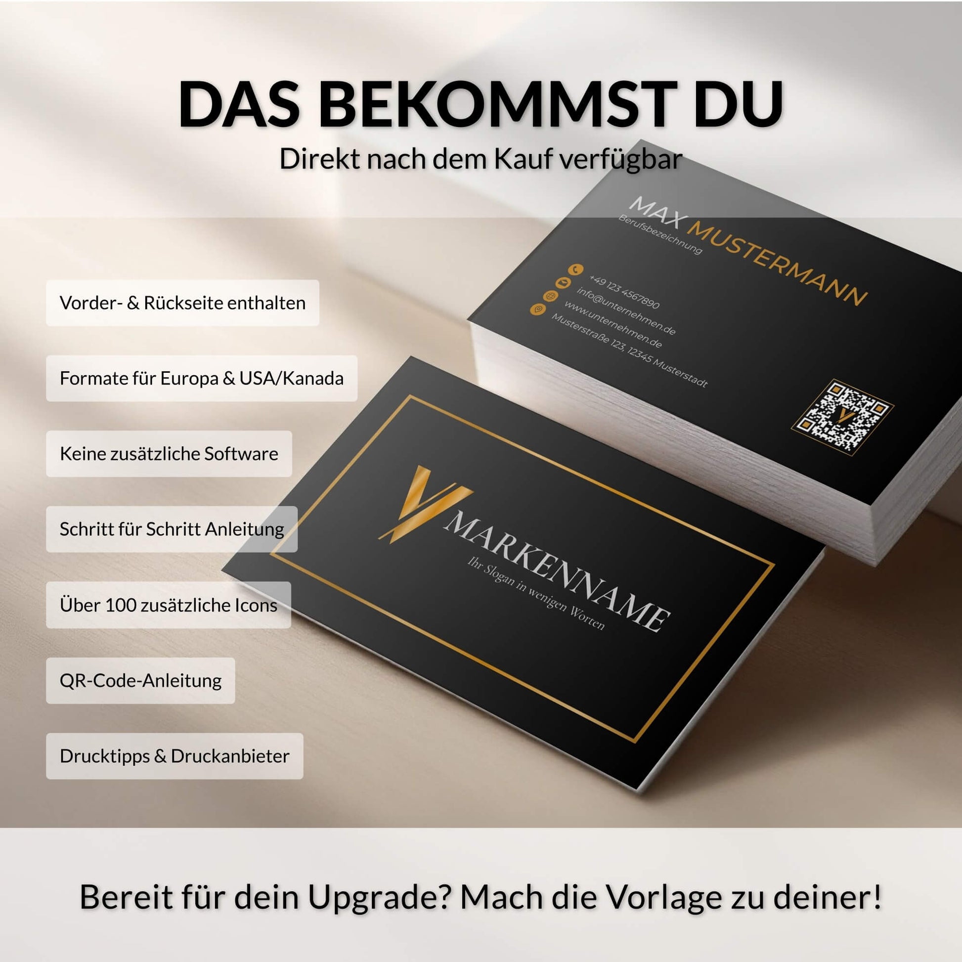 Luxuriöse Visitenkarten Vorlage in Schwarz & Gold mit Vorder- und Rückseite, QR-Code und Canva-Anleitung – Louvion.de