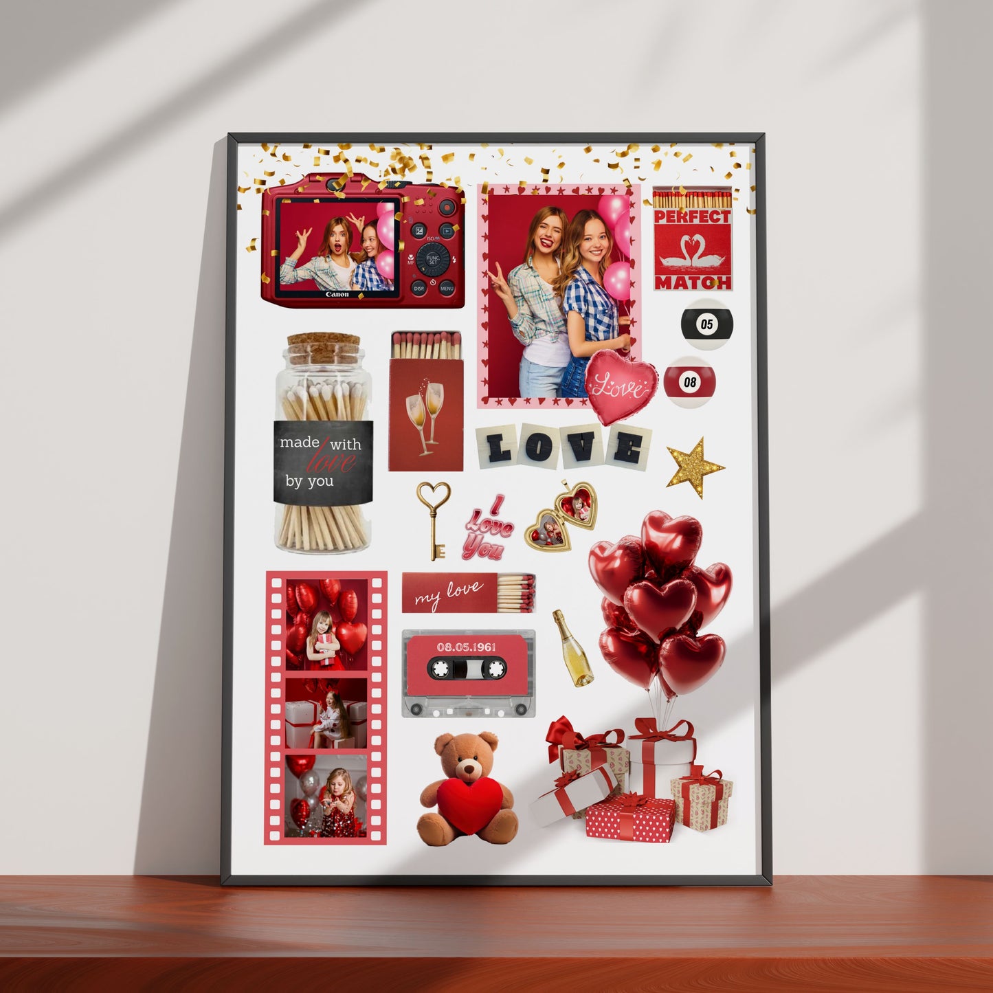 Personalisiertes Matchbook-Poster mit Fotocollage, Kamera-Illustration und Herz-Elementen als individuelles Canva-Template.