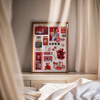 Personalisiertes Matchbook-Poster im Holzrahmen auf einer hellen Kommode im Schlafzimmer bei natürlichem Lichteinfall.