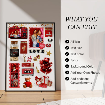 Infografik zum Matchbook-Poster Canva-Template mit Liste anpassbarer Optionen wie Text, Farben, Fotos und Elementen.