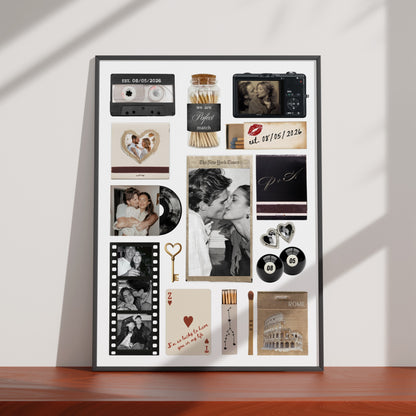 Personalisiertes Matchbook Poster in einem schwarzen Rahmen mit individuellen Fotos, Kassetten-Motiv und modernen Grafiken.