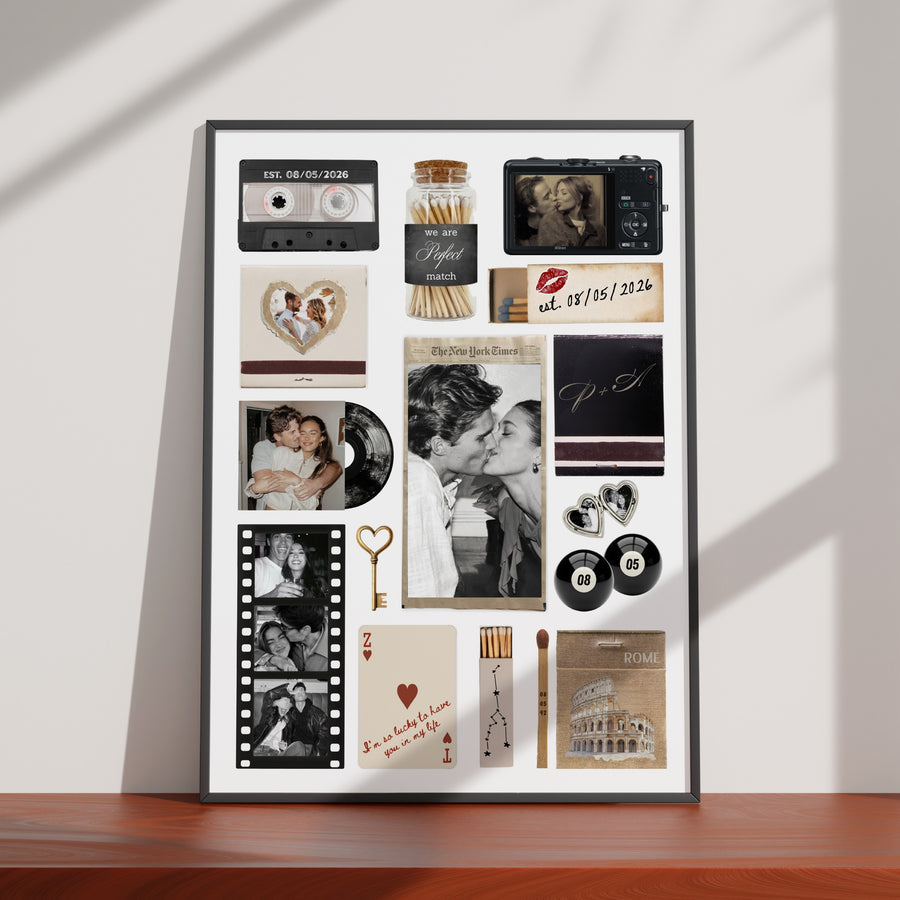 Personalisiertes Matchbook Poster in einem schwarzen Rahmen mit individuellen Fotos, Kassetten-Motiv und modernen Grafiken.