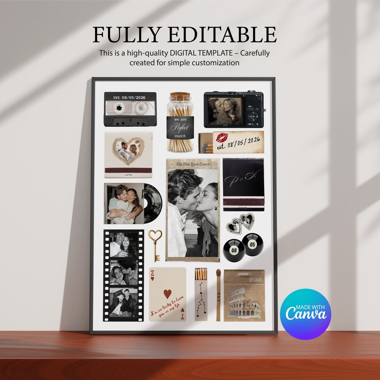 Personalisiertes Matchbook Poster als bearbeitbare Canva-Vorlage mit dem Hinweis „Fully Editable“ für individuelle Fotos.