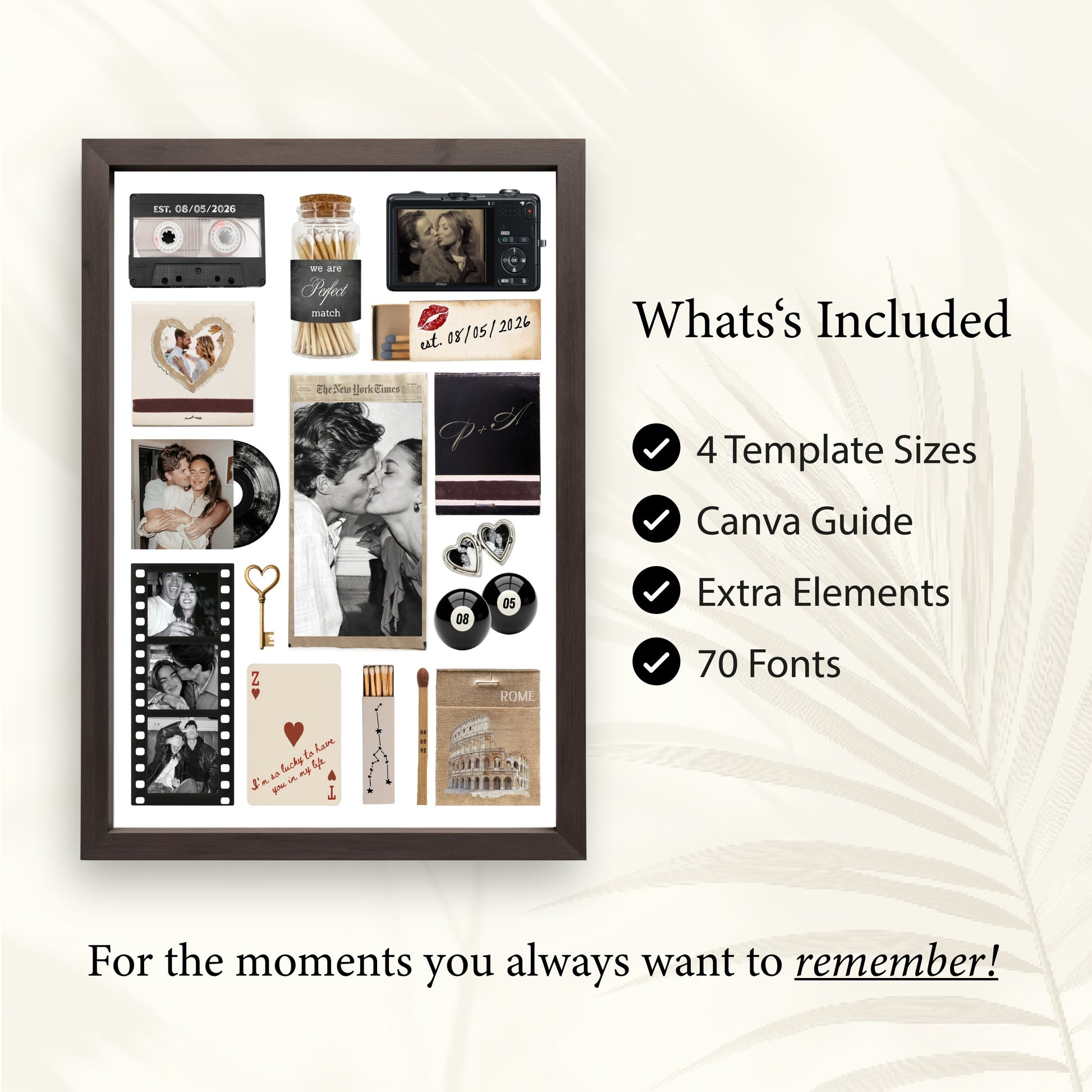 Personalisiertes Matchbook Poster neben einer Liste mit Inhalten wie Canva Guide, 70 Schriftarten und 4 Vorlagengrößen.