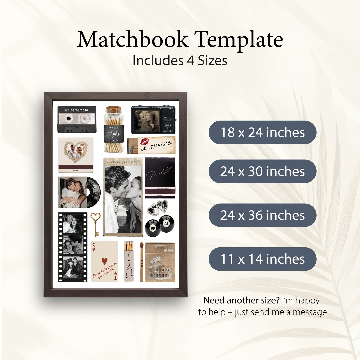 Personalisiertes Matchbook Poster mit einer Auflistung der vier verfügbaren Vorlagengrößen in Zoll für den Digitaldruck.