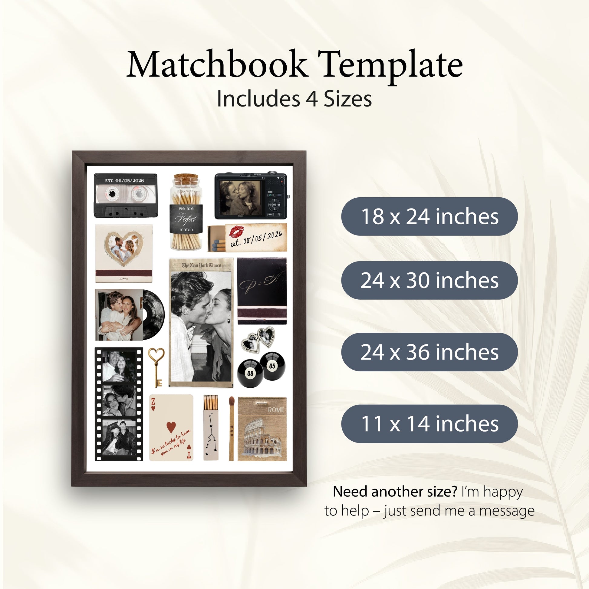 Personalisiertes Matchbook Poster mit einer Auflistung der vier verfügbaren Vorlagengrößen in Zoll für den Digitaldruck.