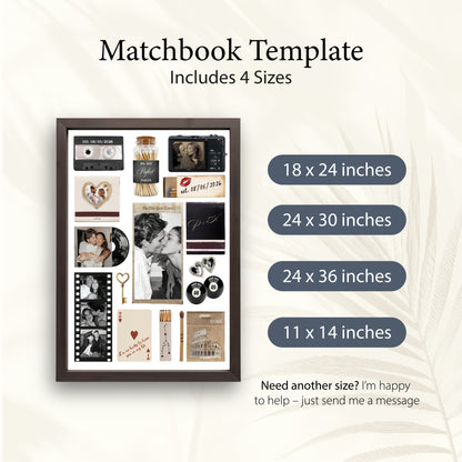 Personalisiertes Matchbook Poster mit einer Auflistung der vier verfügbaren Vorlagengrößen in Zoll für den Digitaldruck.