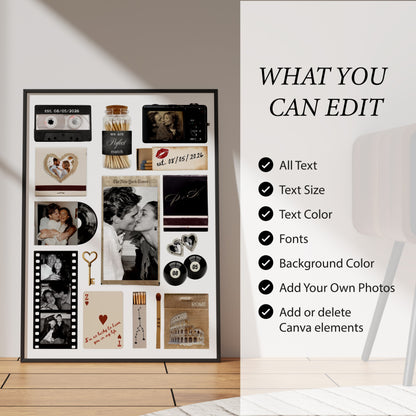 Personalisiertes Matchbook Poster mit Checkliste der Canva-Anpassungen wie Texte, Farben, Hintergründe und eigene Fotos.