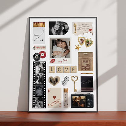 Personalisiertes Matchbook-Poster in schwarzem Rahmen mit Fotos, Matchbooks und Erinnerungen als individuelles Wandbild.