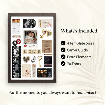 Übersicht der digitalen Matchbook-Poster Vorlage inklusive 4 Größen, Canva Guide, Elementen und 70 Schriftarten.