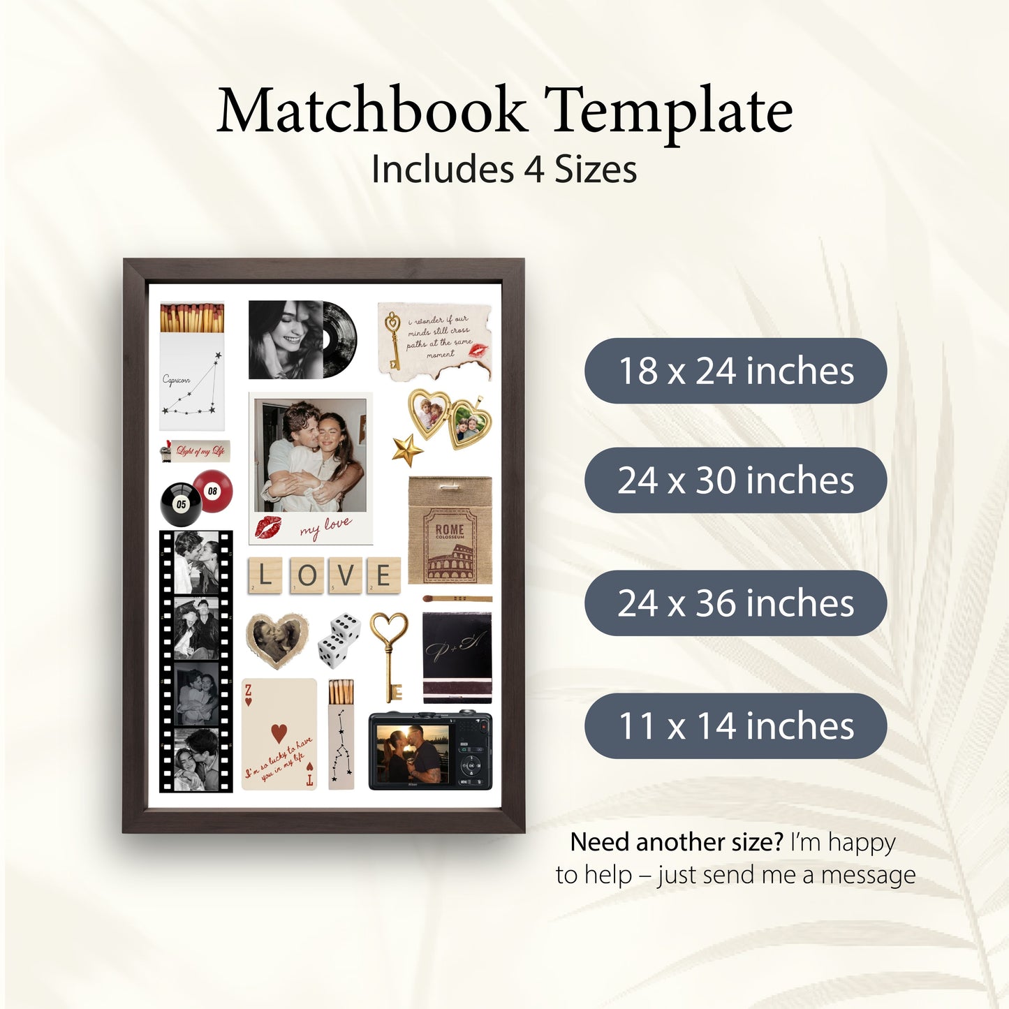 Digitale Matchbook-Poster Vorlage in vier verschiedenen Formaten von 11x14 bis 24x36 Inches für individuelle Wandbilder.