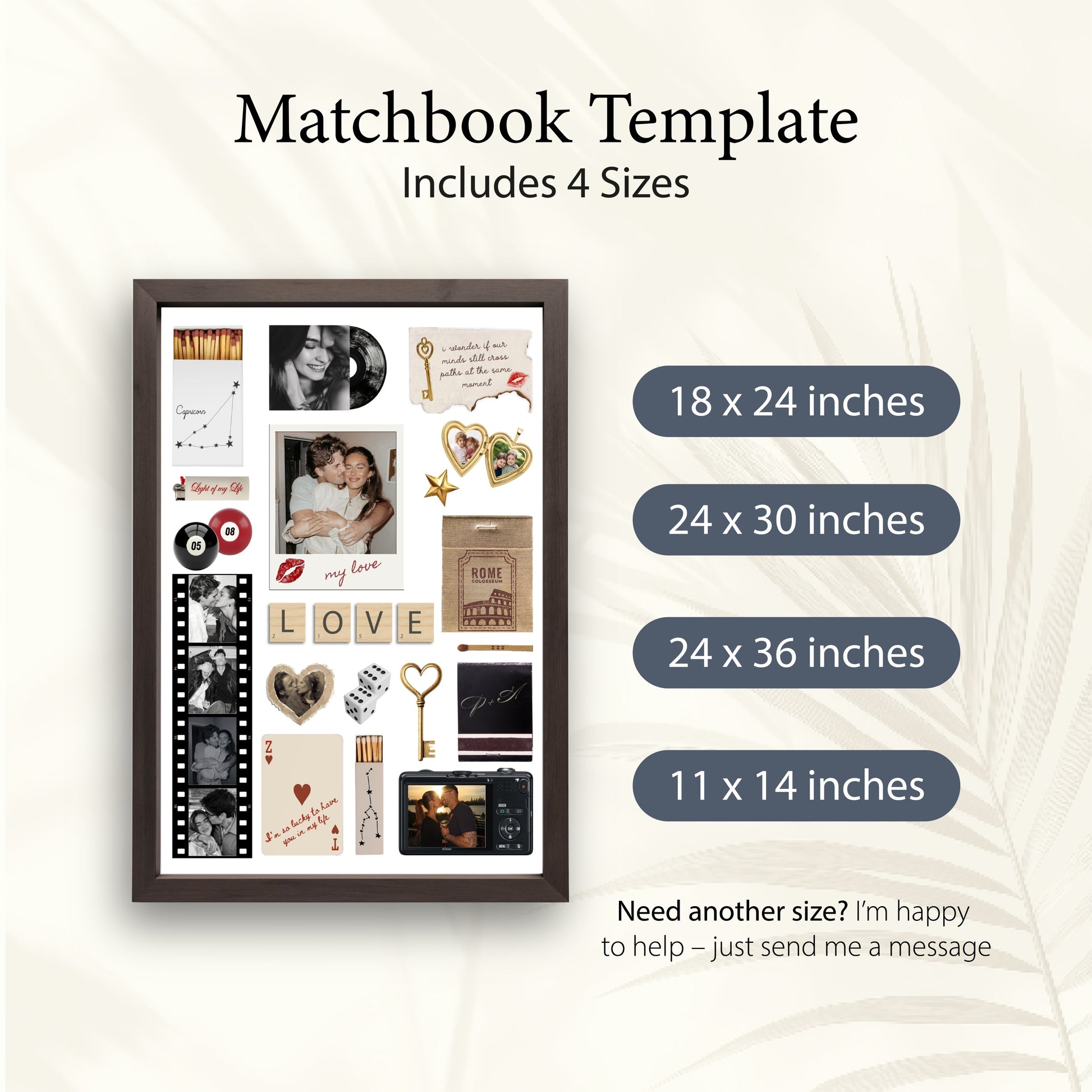 Digitale Matchbook-Poster Vorlage in vier verschiedenen Formaten von 11x14 bis 24x36 Inches für individuelle Wandbilder.
