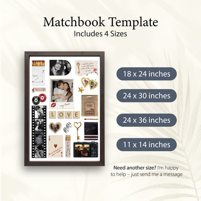 Digitale Matchbook-Poster Vorlage in vier verschiedenen Formaten von 11x14 bis 24x36 Inches für individuelle Wandbilder.