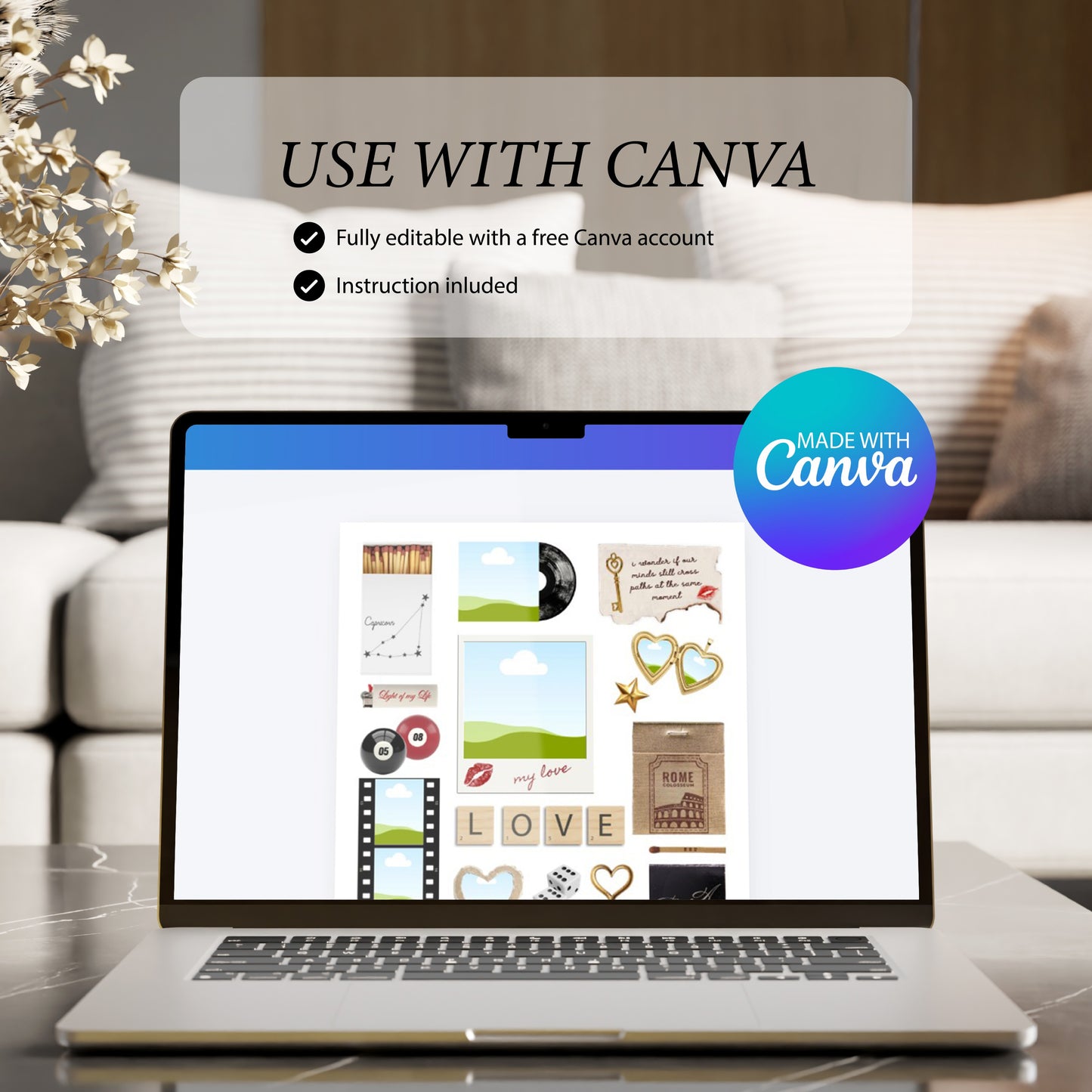 Laptop mit der geöffneten Canva-Vorlage für das Matchbook-Poster zur einfachen Bearbeitung am Bildschirm.