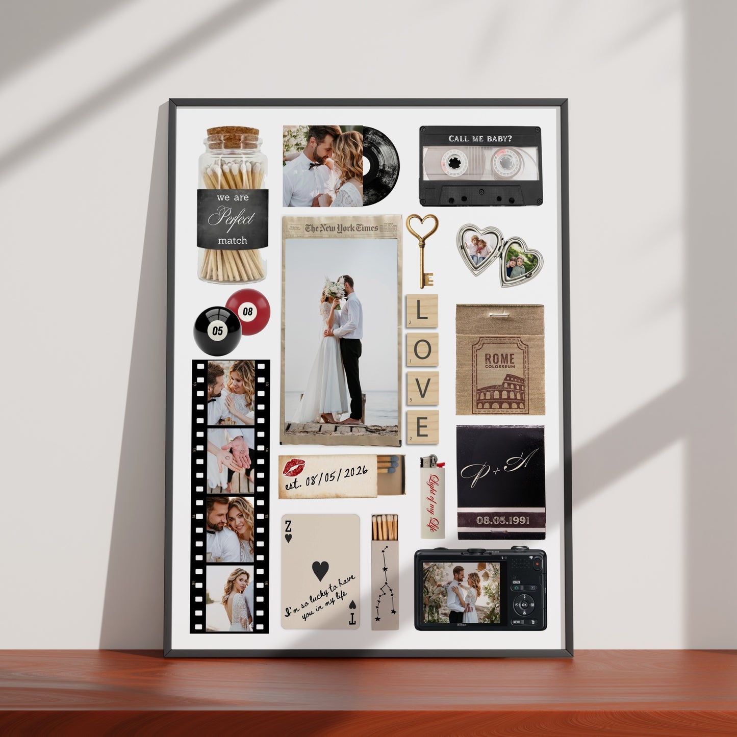 Personalisiertes Matchbook-Poster mit Hochzeitsfotos, Vintage-Elementen wie Kassette und Kamera als digitaler Download.