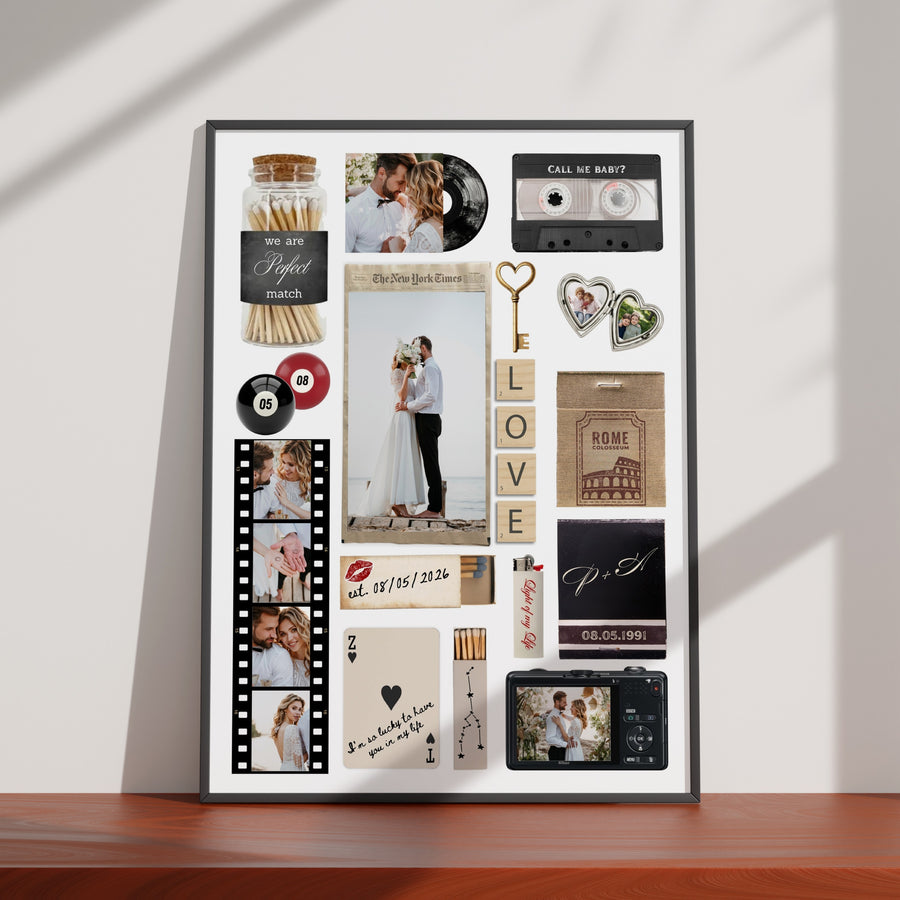 Personalisiertes Matchbook-Poster mit Hochzeitsfotos, Vintage-Elementen wie Kassette und Kamera als digitaler Download.