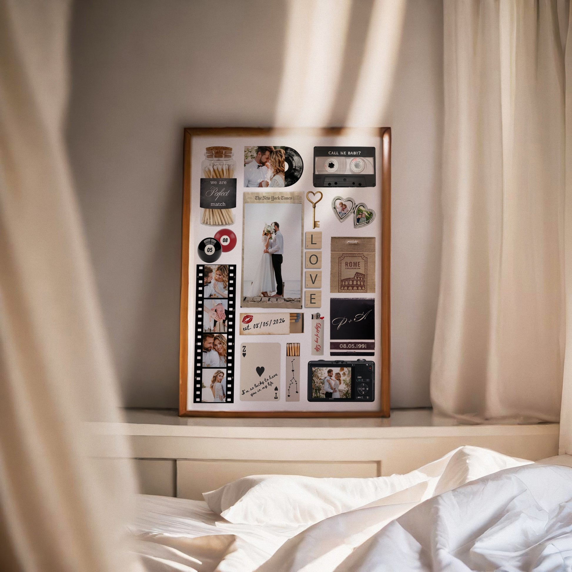 Personalisiertes Matchbook-Poster im Schlafzimmer-Ambiente als digitales Geschenk für Hochzeit oder Jahrestag.