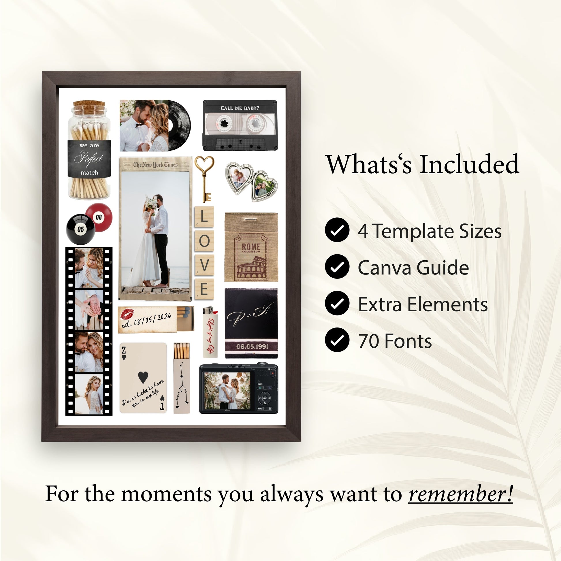 Infografik zum personalisierten Matchbook-Poster mit Details zu 4 Vorlagengrößen, Canva-Guide und 70 Schriftarten.
