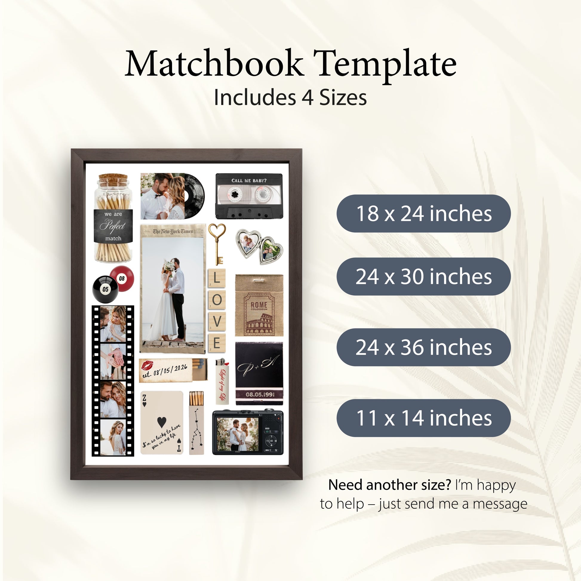 Übersicht der 4 verfügbaren Größen für das personalisierte Matchbook-Poster als digitale Canva-Vorlage zum Download.