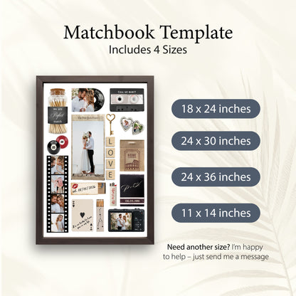 Übersicht der 4 verfügbaren Größen für das personalisierte Matchbook-Poster als digitale Canva-Vorlage zum Download.
