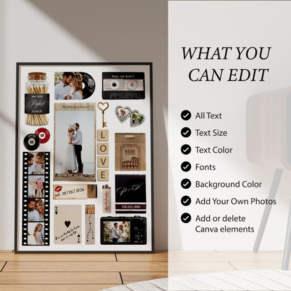 Infografik „What you can edit“ für das personalisierte Matchbook-Poster mit Liste aller anpassbaren Canva-Elemente.