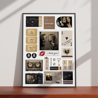 Personalisiertes Matchbook Poster als Wanddeko mit individuellen Fotos, Kinotickets und Streichholzschachtel-Design.