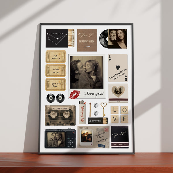 Personalisiertes Matchbook Poster als Wanddeko mit individuellen Fotos, Kinotickets und Streichholzschachtel-Design.