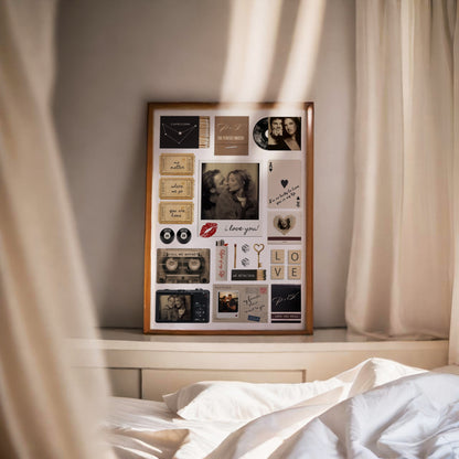 Gerahmte Matchbook Wanddeko mit persönlichen Fotos auf einer Kommode im hellen, minimalistischen Schlafzimmer.