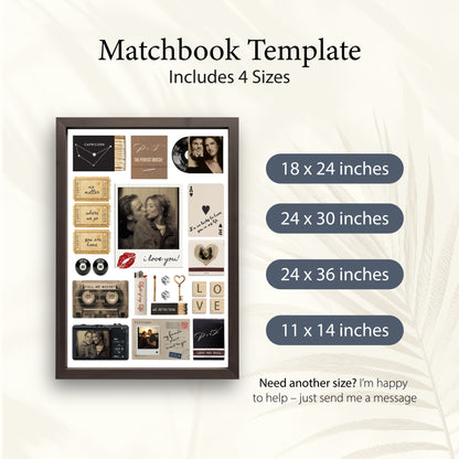Matchbook Wanddeko Vorlage in vier verschiedenen Größen von 11x14 bis 24x36 Zoll für individuellen Druck.