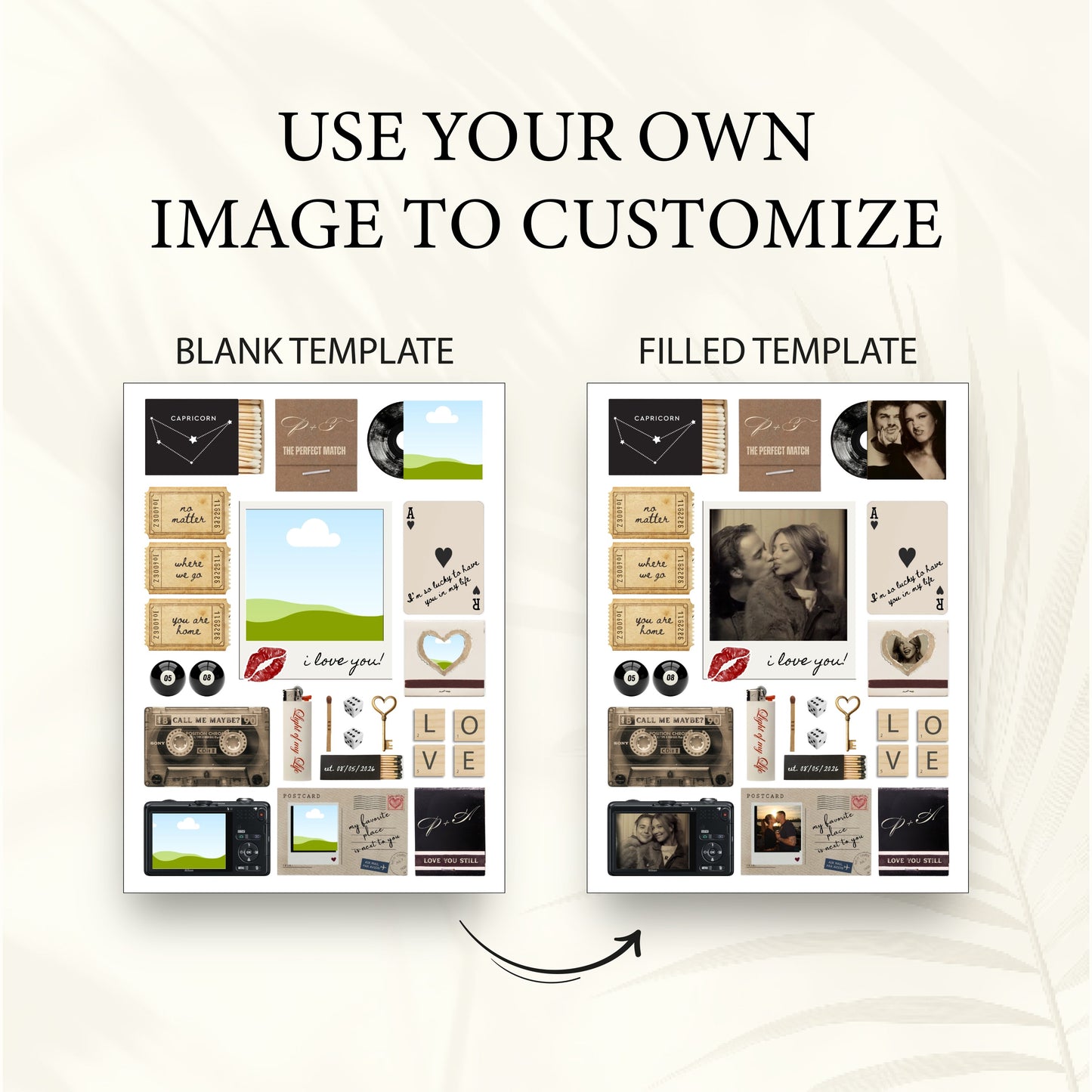 Vergleich einer leeren und einer ausgefüllten Matchbook Wanddeko Vorlage mit eigenen Fotos im Canva-Design.