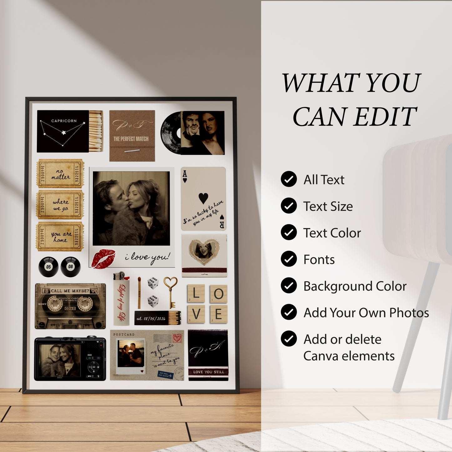 Infografik zur Matchbook Wanddeko: Anpassbare Texte, Farben, Schriftarten und Fotos im digitalen Design-Geschenk.