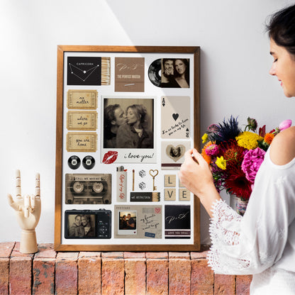Eine Frau betrachtet das gerahmte Matchbook Poster mit persönlichen Fotos als Wanddeko über einem rustikalen Sims.