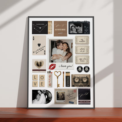 Modernes Matchbook-Poster mit personalisierten Fotos, Streichholzschachteln und Erinnerungen als digitales Wandbild.