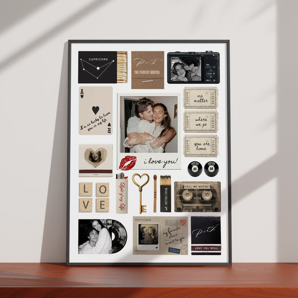 Modernes Matchbook-Poster mit personalisierten Fotos, Streichholzschachteln und Erinnerungen als digitales Wandbild.
