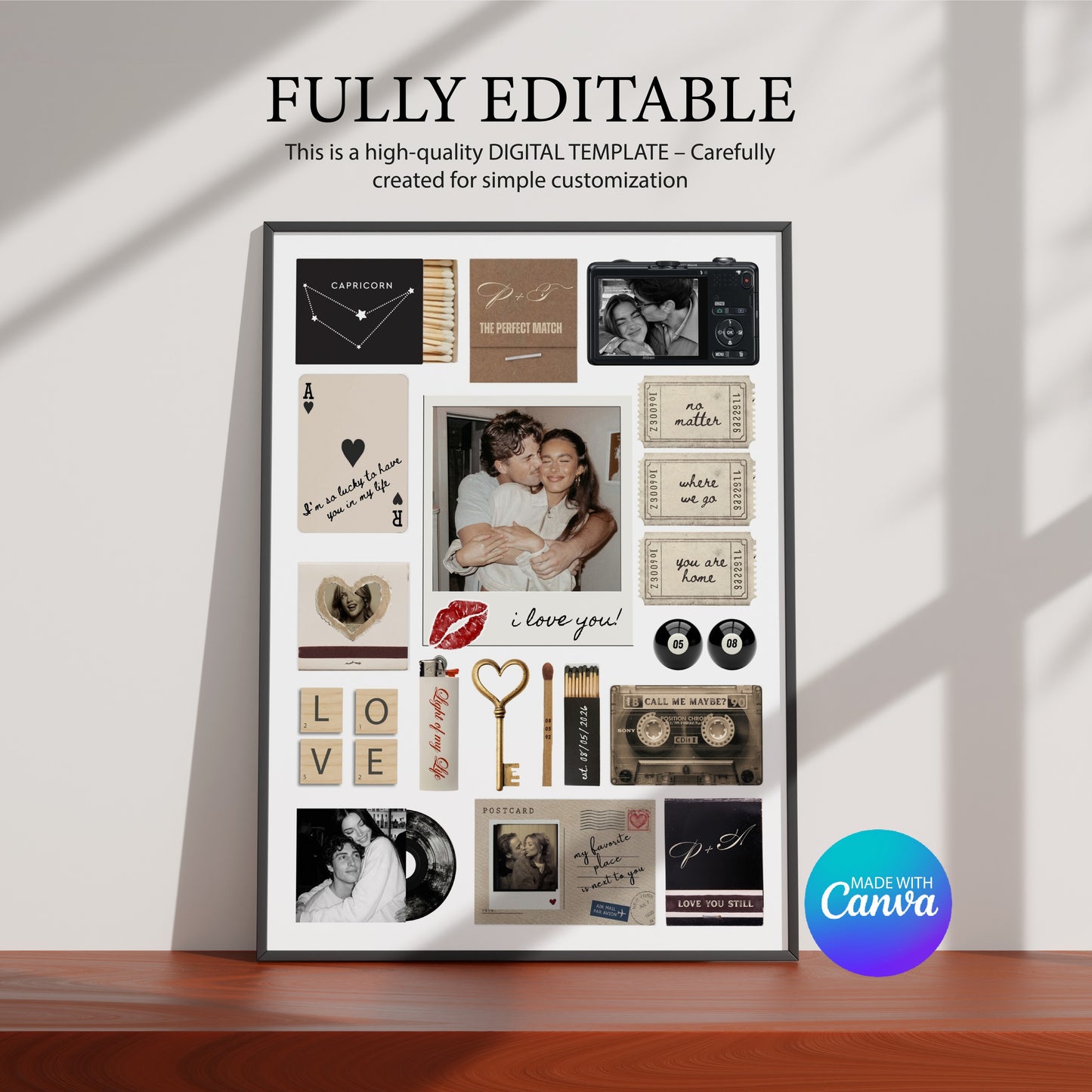Personalisiertes Matchbook-Poster als bearbeitbare Canva-Vorlage für ein modernes Wandbild mit eigenen Fotos.
