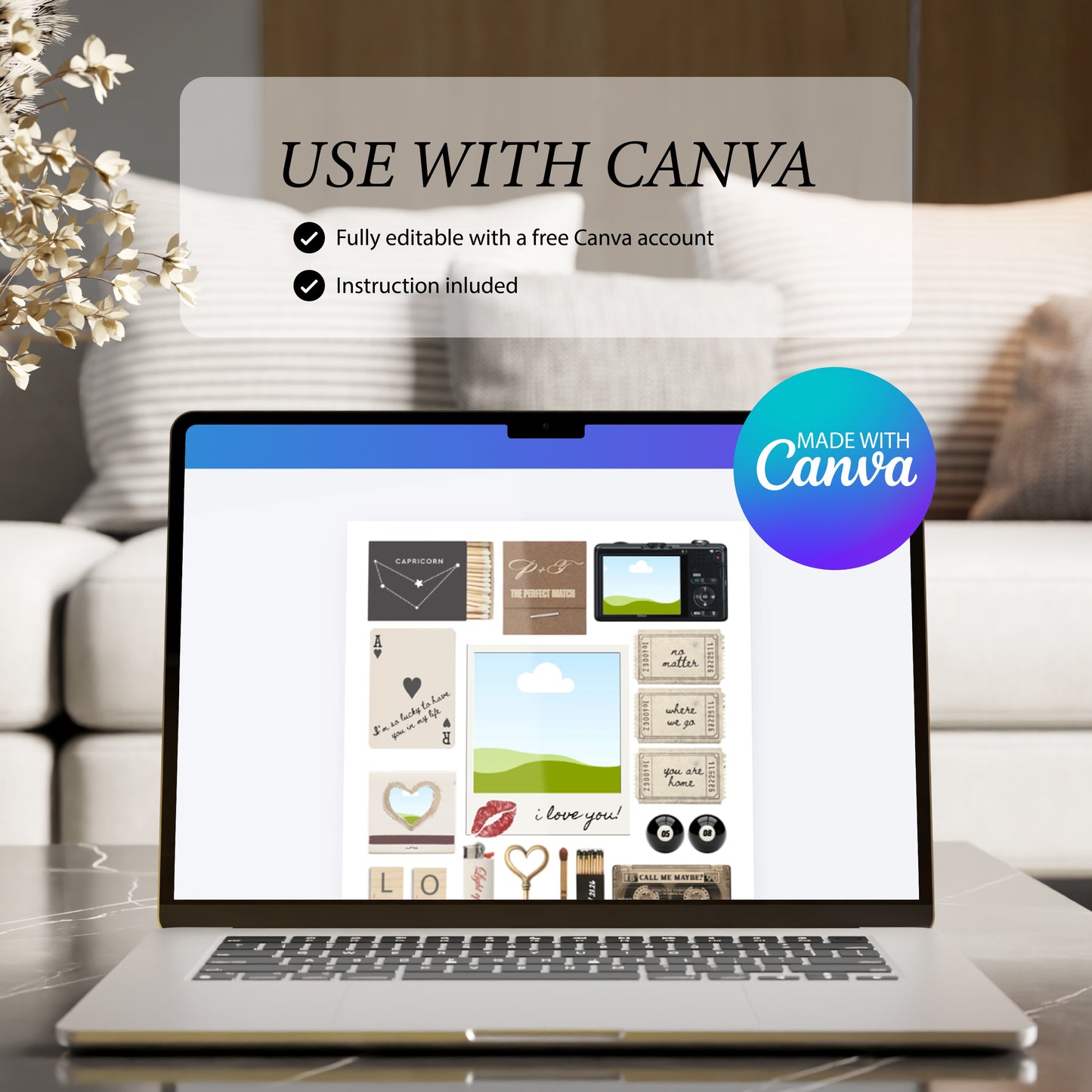 Ein Laptop zeigt die Bearbeitung des personalisierten Matchbook-Posters in Canva als digitales Wandbild-Template.