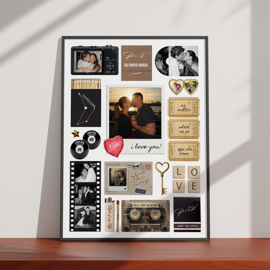 Personalisiertes Matchbook Poster mit individuellen Fotos, Kamera-Motiv und Vintage-Elementen als Wanddeko.