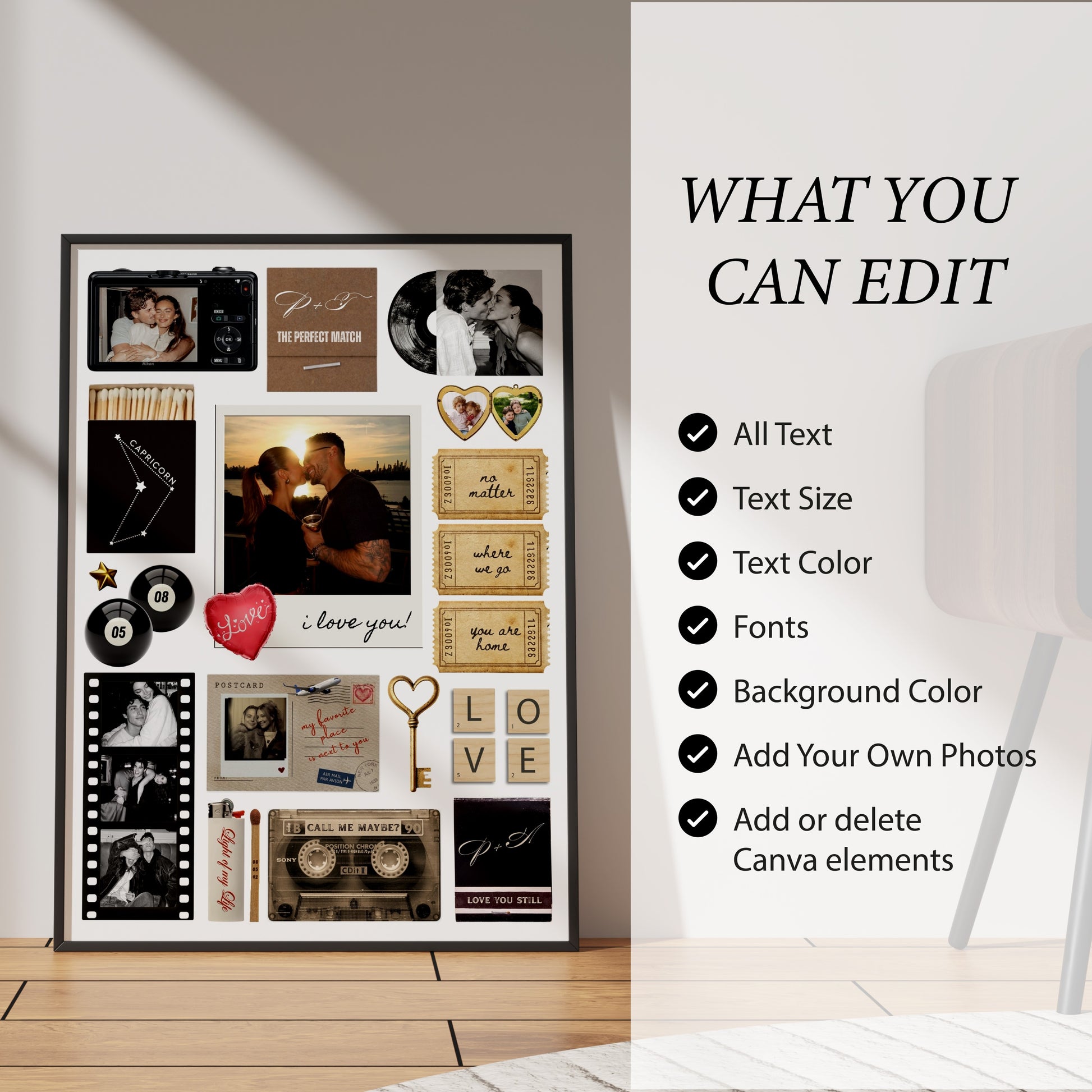 Detaillierte Liste der Editier-Optionen für das Matchbook Poster: Texte, Farben, Fotos und Canva-Elemente sind anpassbar.