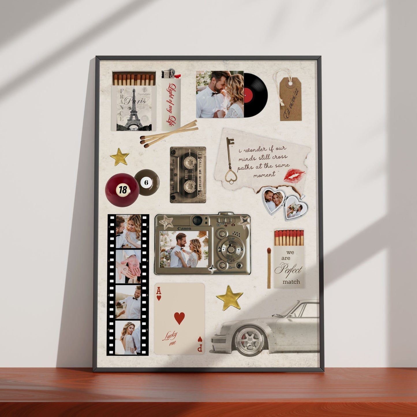 Personalisiertes Matchbook Poster im Collagen-Stil mit Fotos, Streichholzschachteln und Vintage-Elementen als Wanddeko.