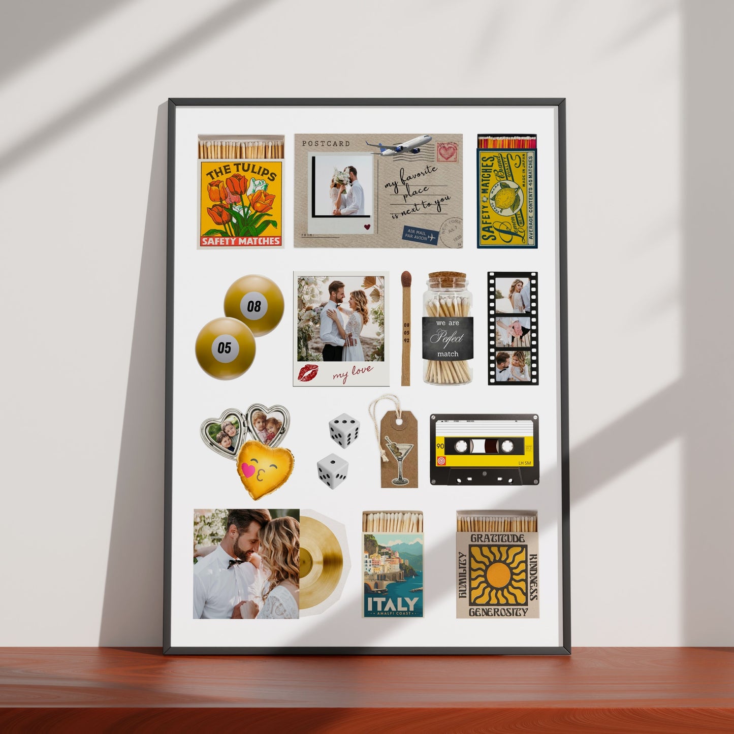 Personalisiertes Matchbook-Poster mit eigenen Fotos, Streichholzschachteln und Vintage-Elementen als moderne Wanddeko.